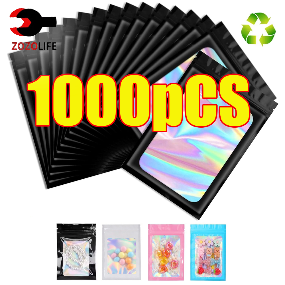 Food Storage Zipper - 10-1000 pièces Sacs holographiques refermables noirs